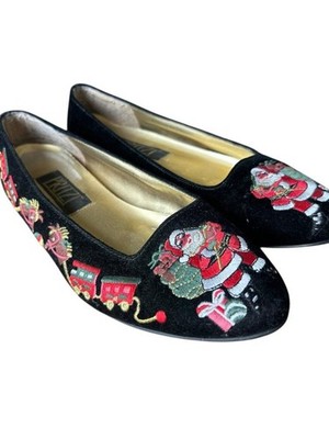Vintage Pritzi Black Velvet Women's Embroidered Christmas Flats Santa Train Sz 7