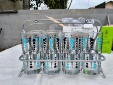 NIB Caddy Set (8) MCM Libbey Crisa Turquoise & Black Dot Drinking Glasses