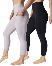 2 Pack Capri Pocket Basic High Waisted Workout Legging - Raindrops/Black - Me...