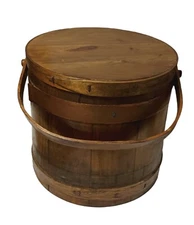 Antique Firkin Shaker Barrel Wooden Sugar Bucket Staved Copper Emboss Lid 12x13