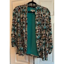 Dress Barn Open Front Jacket, Women’s teal/brown/white, Size Large, USA Made