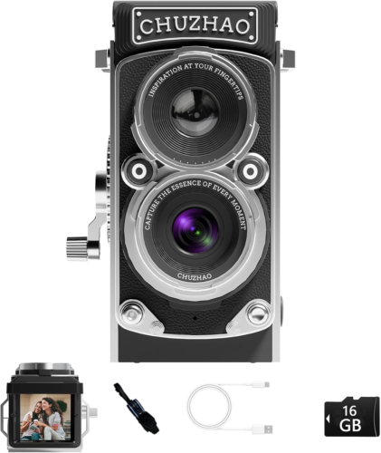 CHUZHAO Mini Fotocamera Digitale Vintage, Portatile Stile TLR Retrò Punta e Scatta Co - Foto 12 di 12