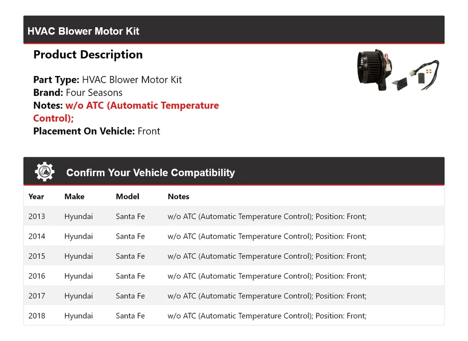 Kit de motor soplador de climatización delantero 4 estaciones 2014 2015 para Hyundai Santa Fe 2013-2018 Foto 2 de 3
