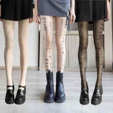 Tattoo Print Mesh Pantyhose for Women Kanji Letter Style Sheer Summer Tights