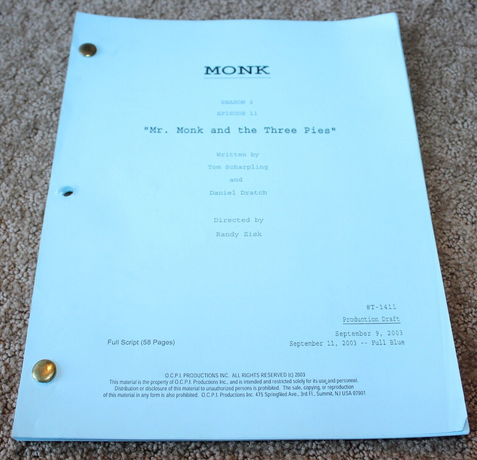 MONK TV SERIES SHOW SCRIPT MR. MONK AND THE THREE PIES