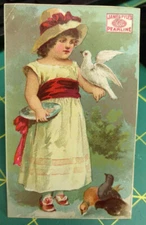 Victorian Advertising Trade card James Pyles Pearline Soap girl with pigeons 