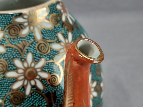 Japanese Kutani Hand Painted White Gold Floral Scrolls Green Beaded Teapot Trio - Picture 11 of 11
