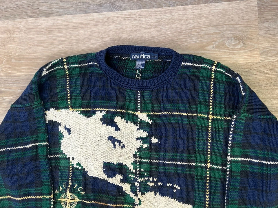 Suéter tejido a mano Nautica America World Map vintage azul marino para hombre XL brújula rejilla Foto 2 de 4