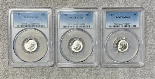 Lot of 3 - 1955 P - Grade  PCGS MS66-90%  Silver Roosevelt Dime Business Strike.