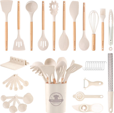 38 PCS Silicone Cooking Utensils Set Heat Resistant Wooden Handle White Kitchen