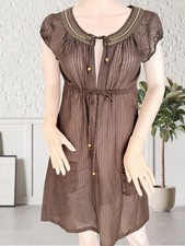Monsoon Silk Blend Sheer Boho Mini Dress UK 10 Brown Embroidered Summer