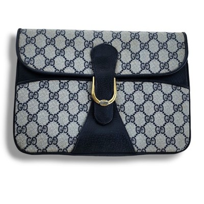 VINTAGE Gucci GG Web Coated Canvas Shoulder Bag Blue White Leather