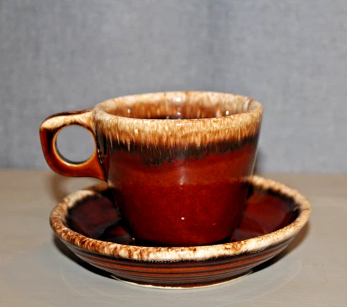 Vintage Hull Pottery Brown Drip Glaze Coffee Mug and Saucer Oven Proof USA