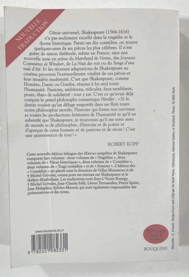 WILLIAM SHAKESPEARE Oeuvres complètes comédies 1 Bilingue Bouquins - Photo 2/3