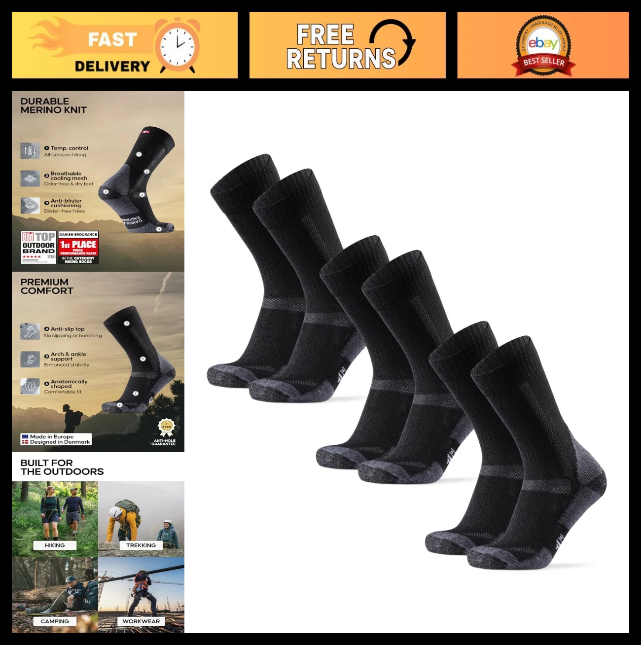 Merino Wool Hiking Socks for Men & Women - Breathable, Anti-Blister, 3 or 5-Pack