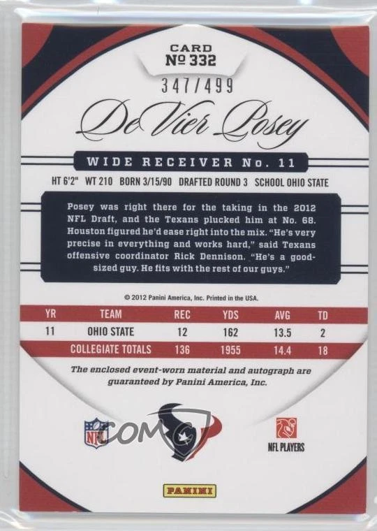 2012 Certified Freshman Fabric /499 DeVier Posey #332 Rookie Auto RC - Image 2 of 2