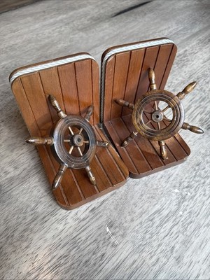 Vintage Wooden Ships Wheel Book Ends Nautical Decor Set