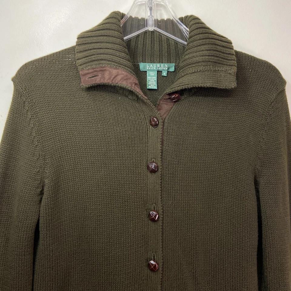 Ralph Lauren Cotton Cardigan Womens SZ M Green Suede Elbow Patch Equestrian - Image 4 of 4