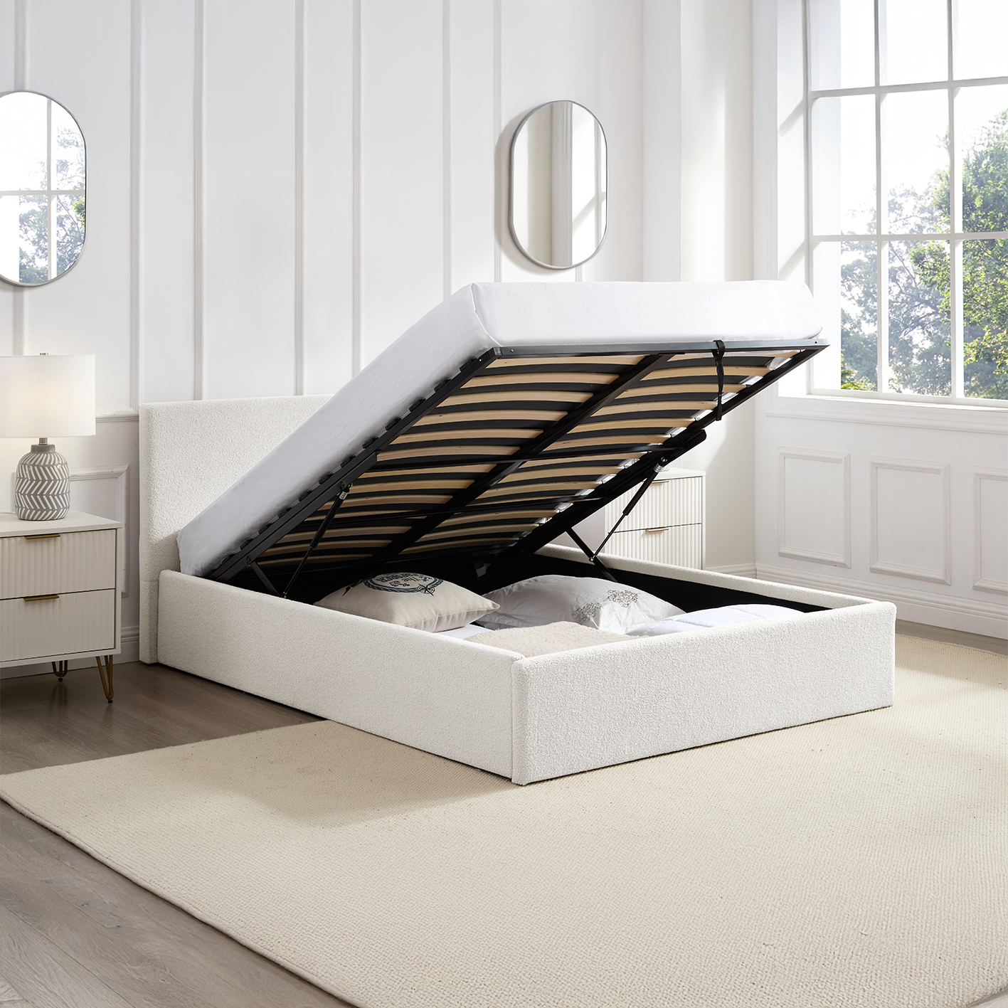 4FT Small Double Bed Ottoman Gas Lift Storage White Fabric Frame TEDDY BOUCLE