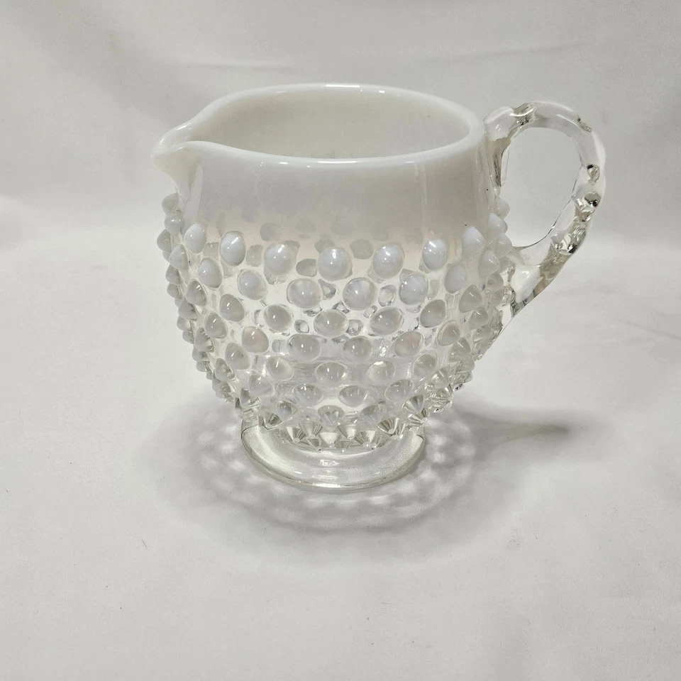 Fenton Opalescent white Hobnail small  glass footed vintage pitcher, 4.5" x 5.5" - Image 2 of 4