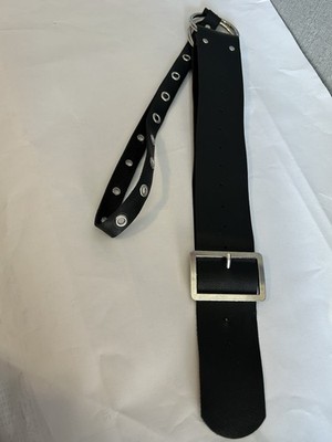  Black leather (or synthetic leather) belt with rings and silver tone buckle