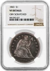 1843 $1 Seated Liberty Silver Dollar NGC VF Details Obverse Scratched Coin