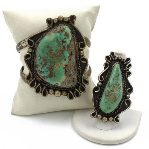 Southwest Signed Sterling Silver Turquoise Ring Cuff Bracelet Lot of 2 #S2416-2