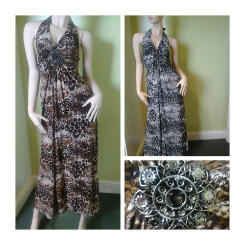 Womens Boho Maxi Dress Animal Print Long Dress Sleeveless Diamante Button Detail