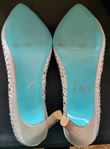 Pour La Victoire Wedding Shoes 8 White Satin Rhinestone Heels “I DO” Blue Bridal - Picture 2 of 8