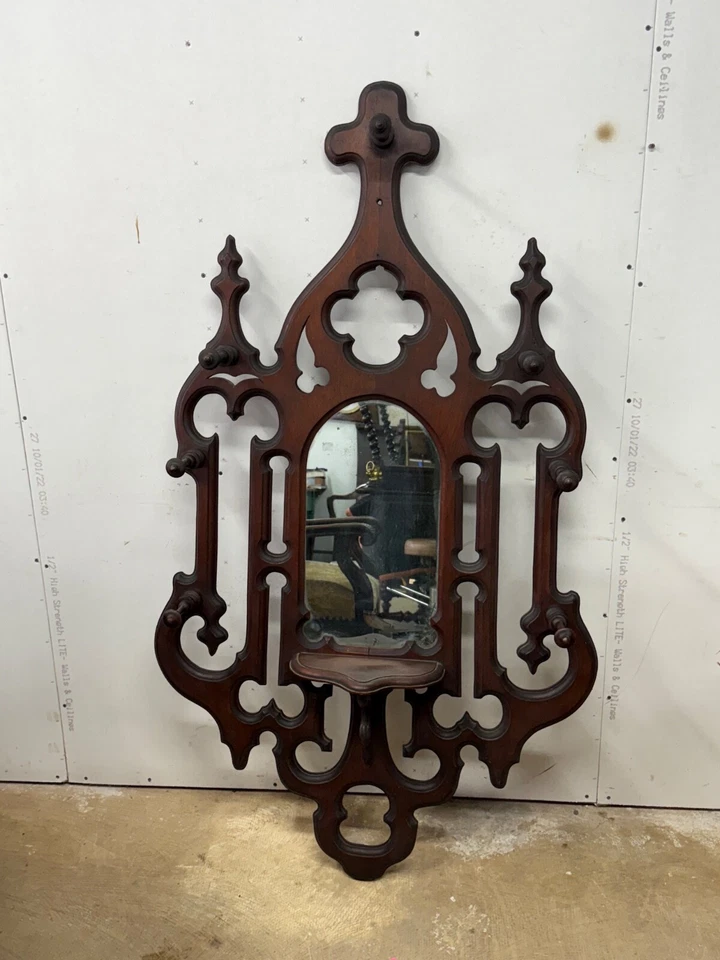Antiguo gótico victoriano pasillo estante árbol espejo abrigo sombreros 1870 60x30 ornamentado Foto 2 de 4