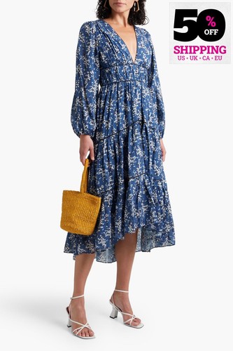RRP€674 ULLA JOHNSON Joan Jacquard Tiered Dress US8 UK12 IT44 L Floral V-Neck