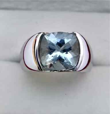 3.0CT Aquamarine Cushion Cut Pure 935 Argentium Silver Men's Jewelry Ring
