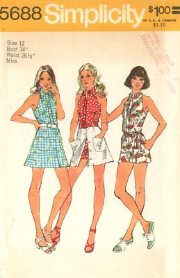 Simplicity 5688 Halter Jumpsuit Micro Mini Skirt Sz 12 CUT COMPLETE 1970s 