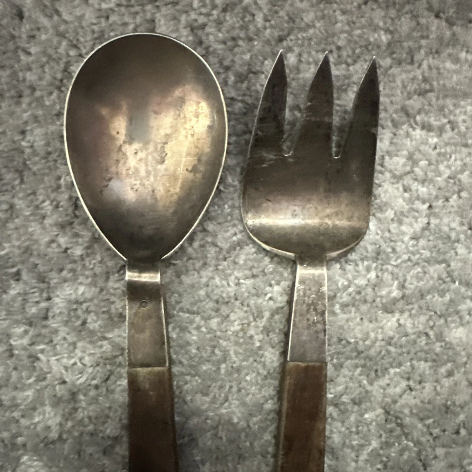 Vintage Adra Hand Worked Hand Hammered Sterling Fork & Spoon Wood Handle READ - Image 2 of 4