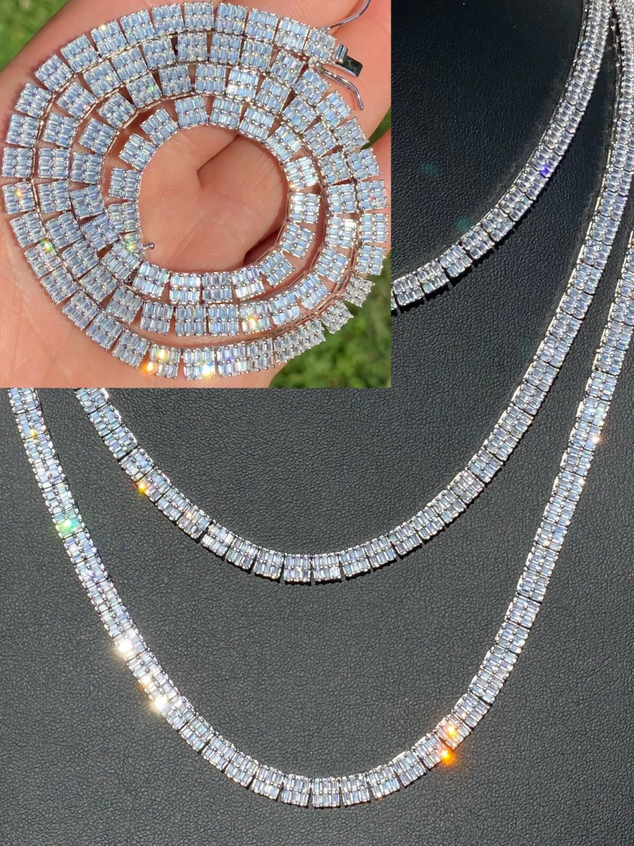 SOLID 925 Sterling Silver Baguette Tennis Chain ICED CZ Necklace 5mm Hip Hop