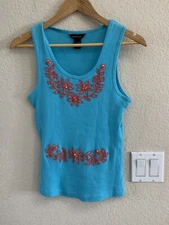 Moda International Turquoise With Salmon Beaded Knit Tank Top Size L