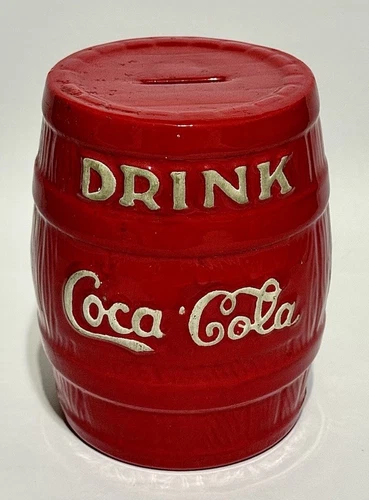Vintage Coca-Cola Red Barrel Pottery Bank 6” Tall Drink Coke Soda Collectible