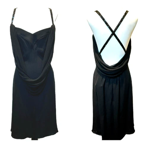 Abito vestito seta nero Valentino nuovo con etichette $3720 taglia 10 spalline paillettes sexy drappeggio spacco