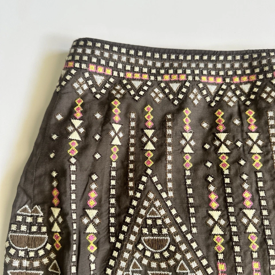 Falda para mujer Elie Tahari talla 0 algodón seda bordada azteca suroeste marrón Foto 3 de 4