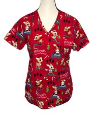 Rudolph Red Nosed Reindeer Scrubs Top Holiday Christmas Cartoon XS Extra Small