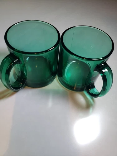 Pair of Vintage Mid-Century Emerald Green Glass Coffee Mugs – Thick & Heavy USA