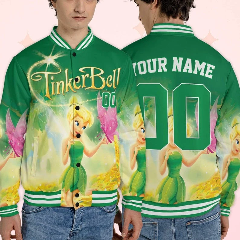 Personalized Tinker Bell With Butterfly Peter Pan Fairy Princess Baseball Jacket