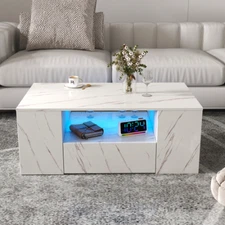 Modern LED Coffee Table with Storage, Wood Center Table 2 Drawers & Shelf
