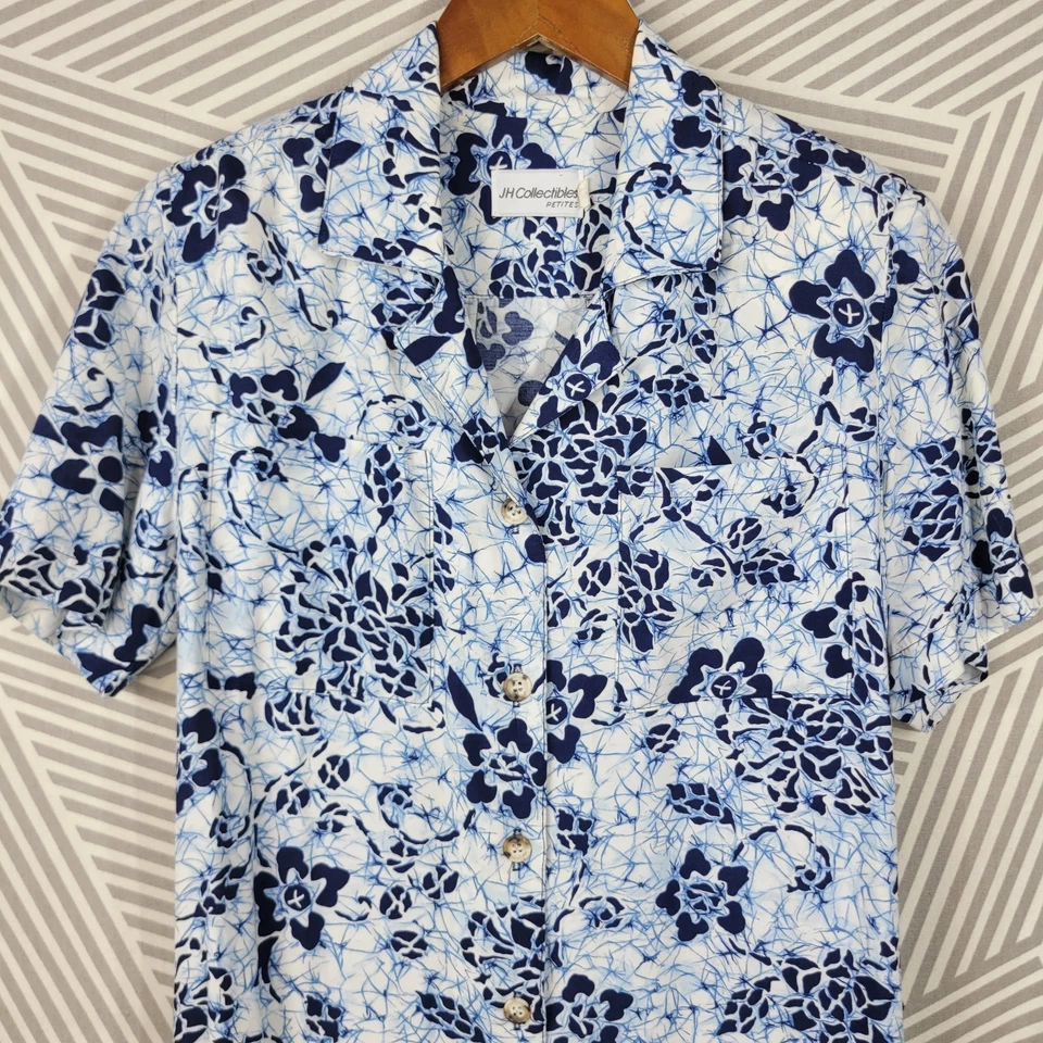 Vestido Camisa Hawaiano Tropical Vintage Talla 2 Funda Floral Azul Botón Frontal Foto 3 de 4