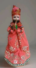 Traditional Indian 21 Inch Rajasthani Doll Wood And Fabric Puppet Decor Vintage