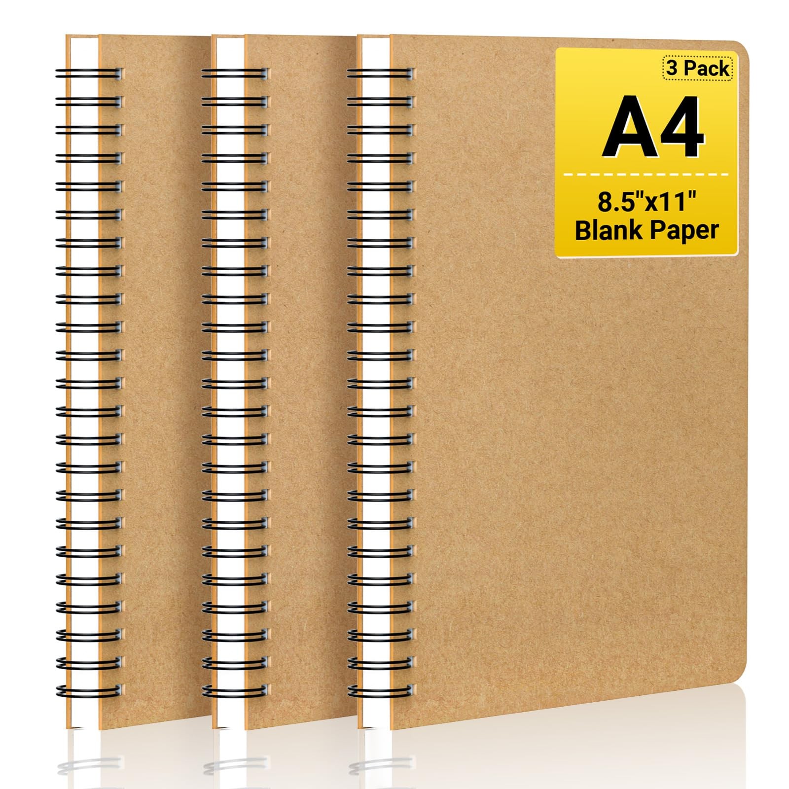 EUSOAR Spiral Unlined Notebook, A4 3 Packs 8.5"x 11" 120 A4-3 Packs, Kraft
