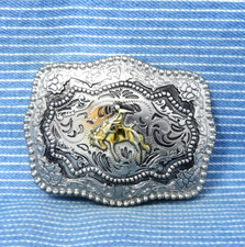 Western Bronc Rider Dress Belt Buckle Floral Scroll Rodeo Cowboy Vtg 90s .CPA575