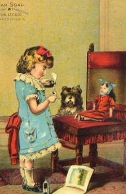 1870's-80's Lovely Girl With Sick Doll Dog Star Soap Schultz's Victorian Card *R