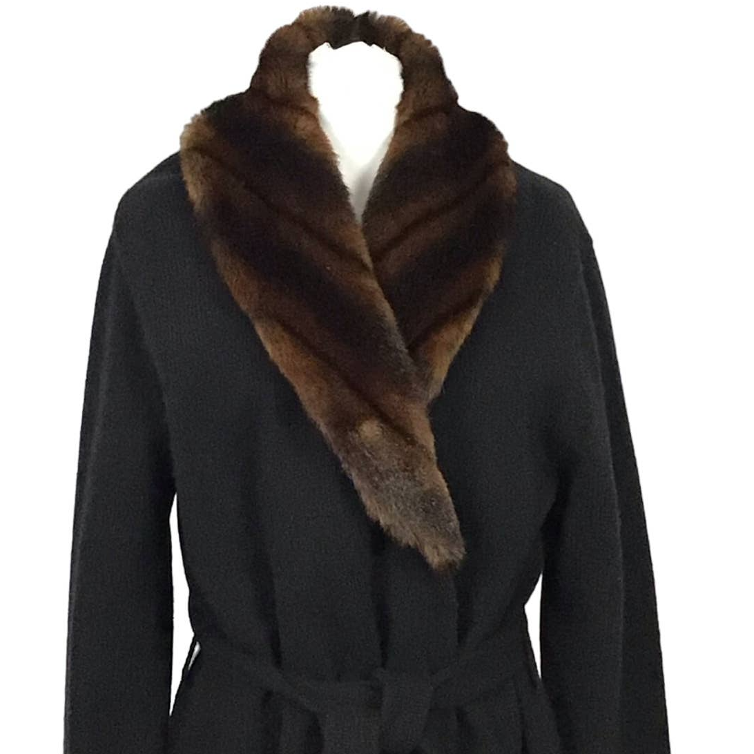 Ralph Lauren Black Cashmere Wool Sweater Coat Long Belted Fur Collar XL