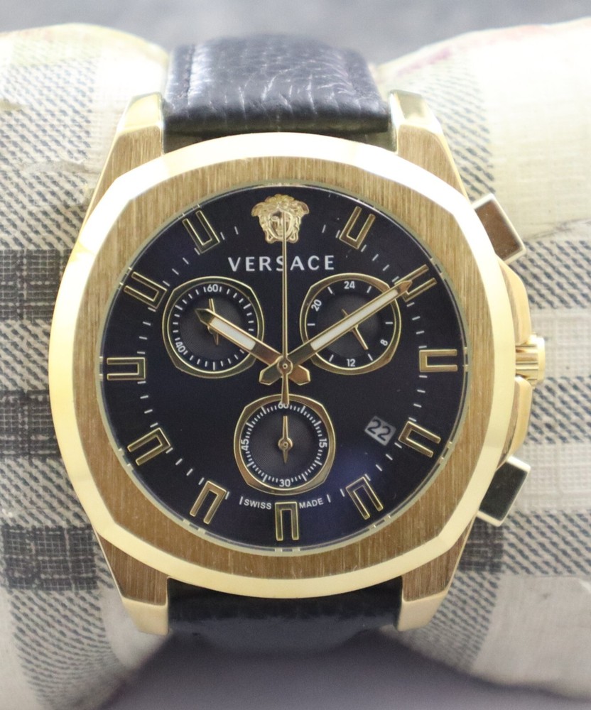 Luxury Versace Chronograph Men Black Dial Leather Band Quartz Working Wristwatch